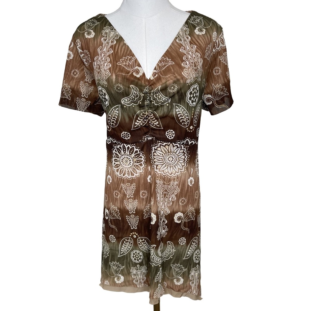 Vintage‎ Fashion Bug Paisley Tie Dye Tunic Top Brown Green XL Y2K Forest Fairy